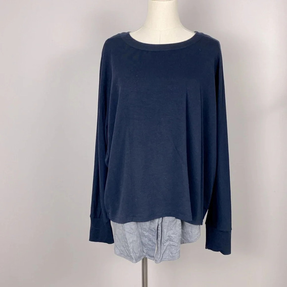 Vince womens Mixed Media Blue Chambray Shirttail blouse long sleeve crew neck - Picture 10 of 13